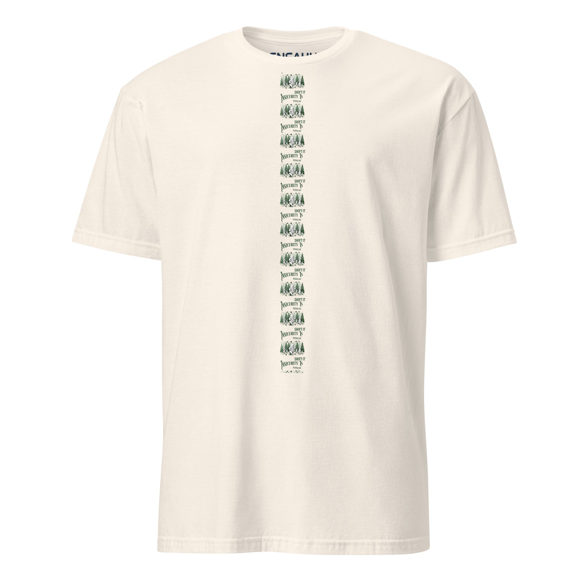 Off-white t-shirt with minimalist linear green text and graphic design at the center of the tee on a white background (front).