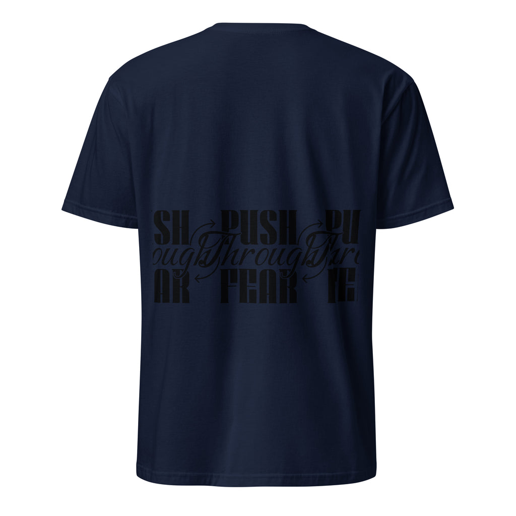 Navy blue t-shirt with black text design on a white background (back).