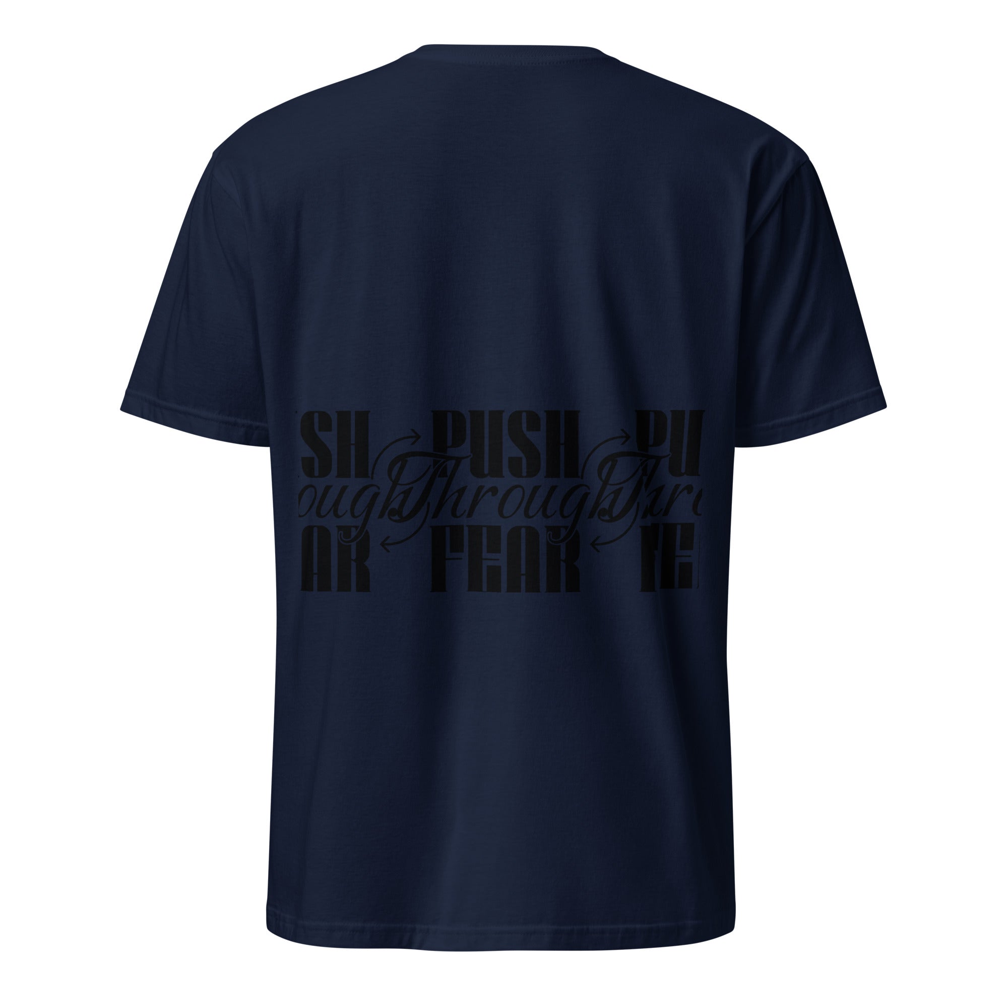 Navy blue t-shirt with black text design on a white background (back).