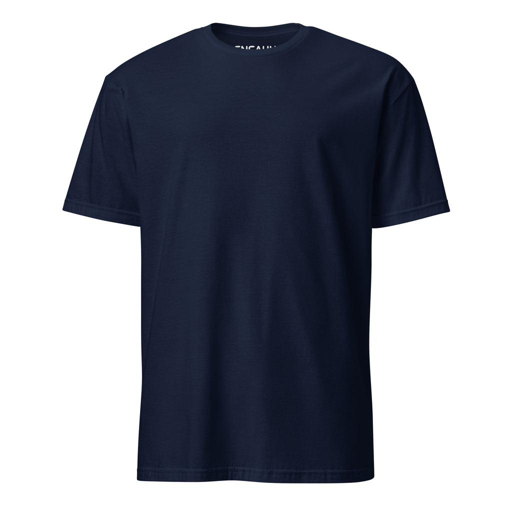 Navy blue soft-style t-shirt on a white background (front). 