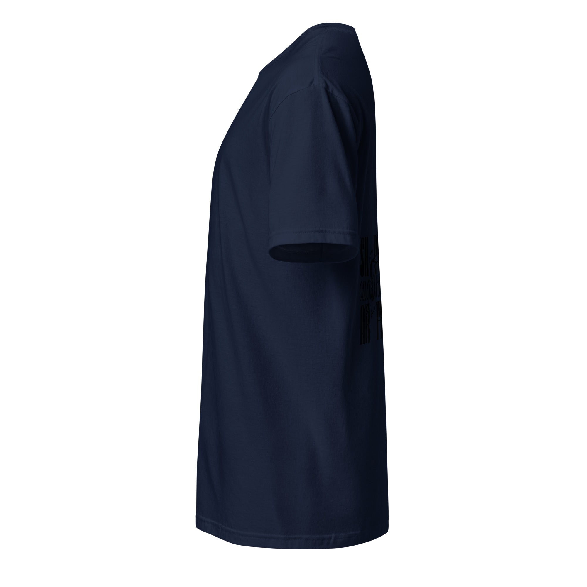 Navy blue t-shirt on a white background (left).
