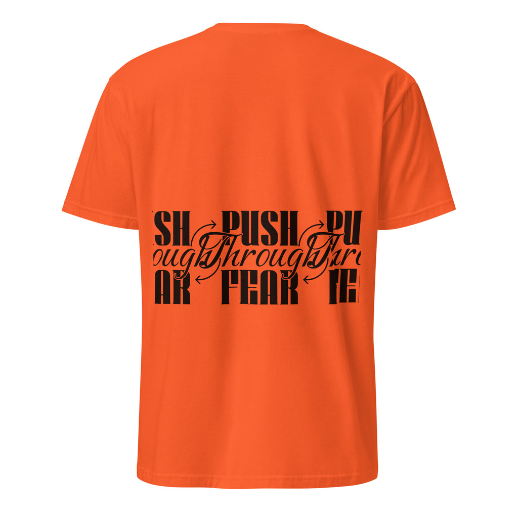 Orange t-shirt with black text design on a white background (back).