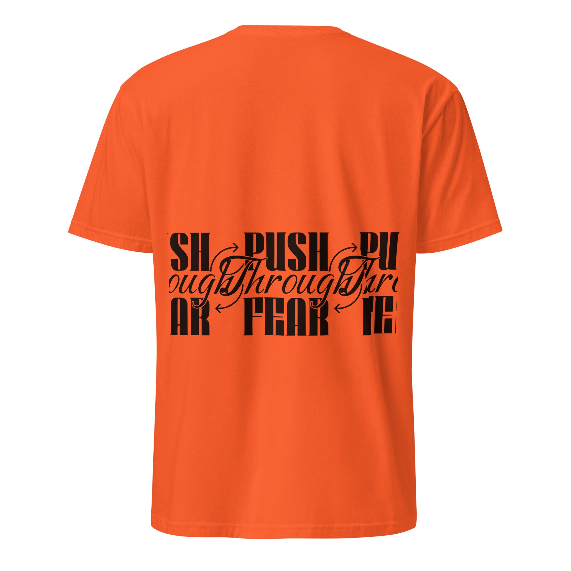 Orange t-shirt with black text design on a white background (back).