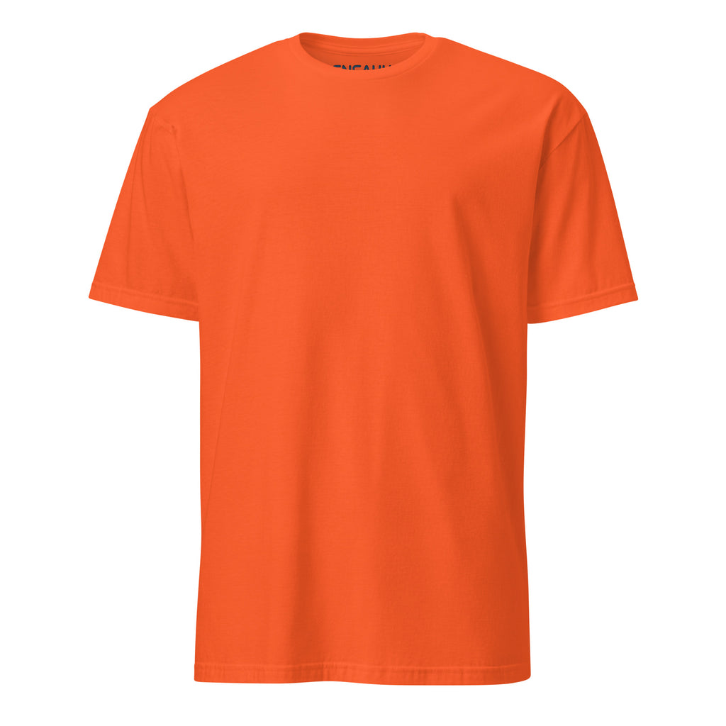 Orange soft-style t-shirt on a white background (front).