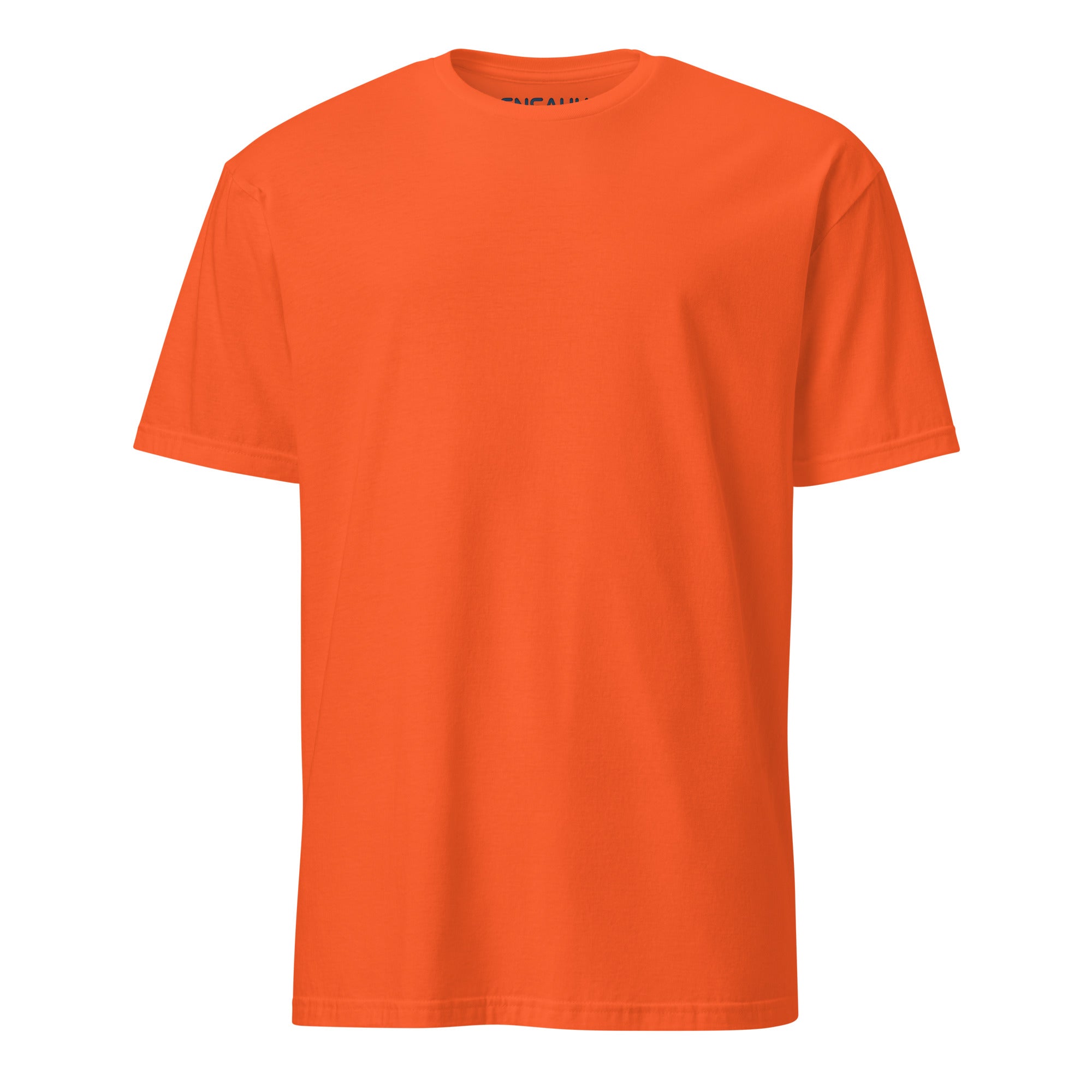 Orange soft-style t-shirt on a white background (front).