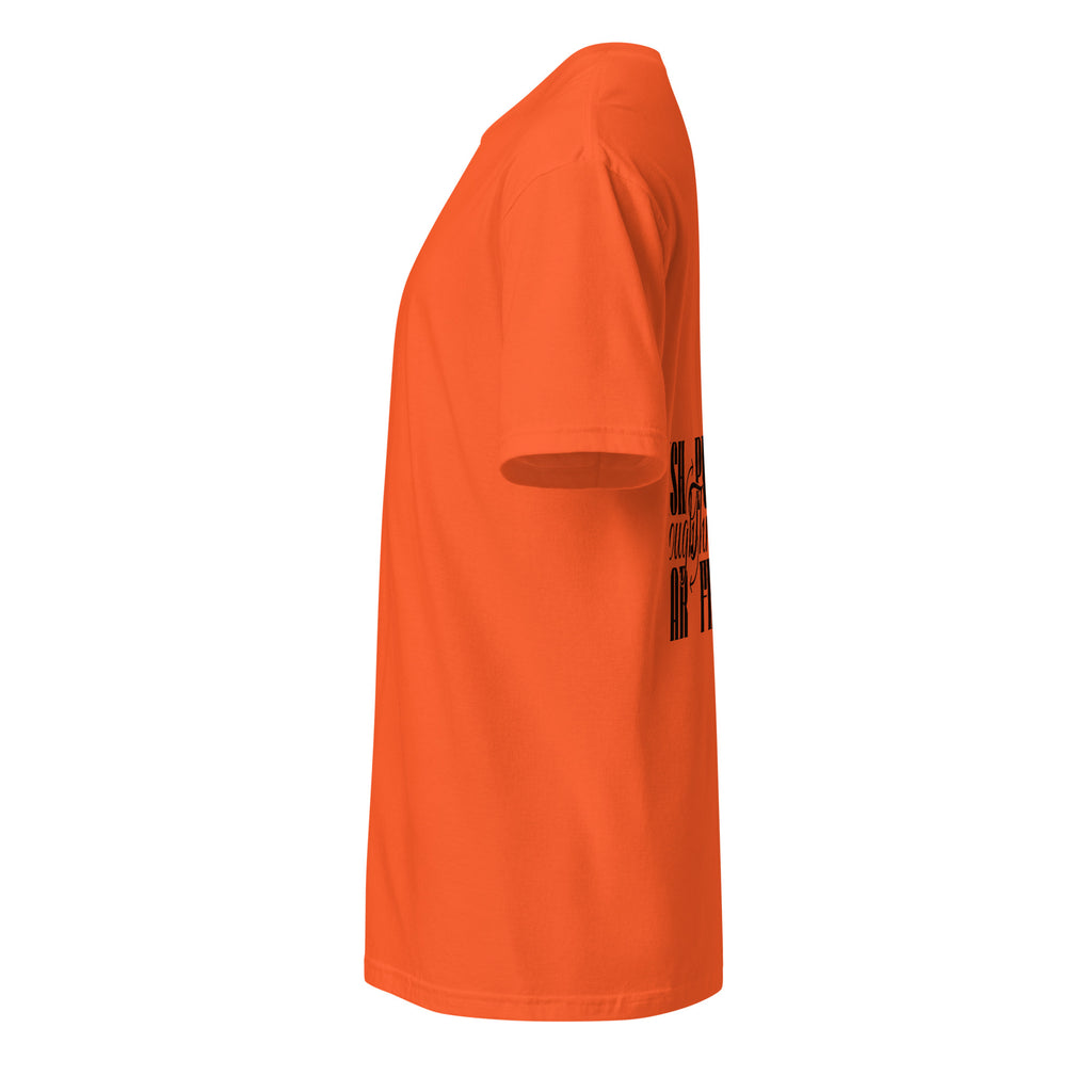 Orange t-shirt on a white background (left).