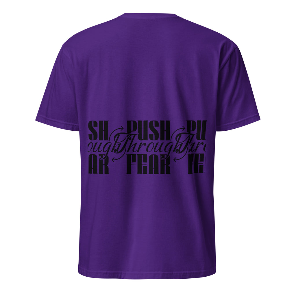 Purple t-shirt with black text design on a white background (back).