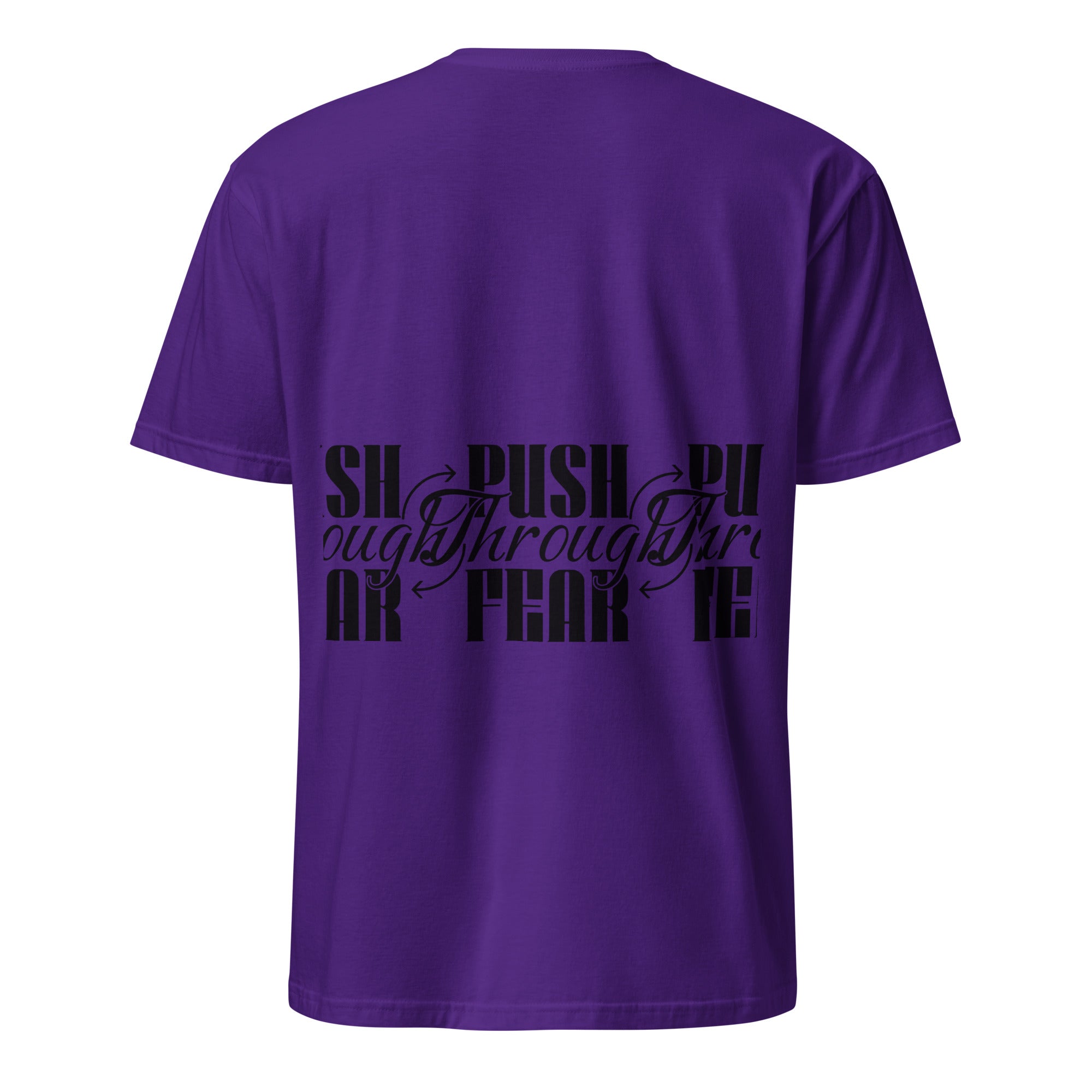 Purple t-shirt with black text design on a white background (back).