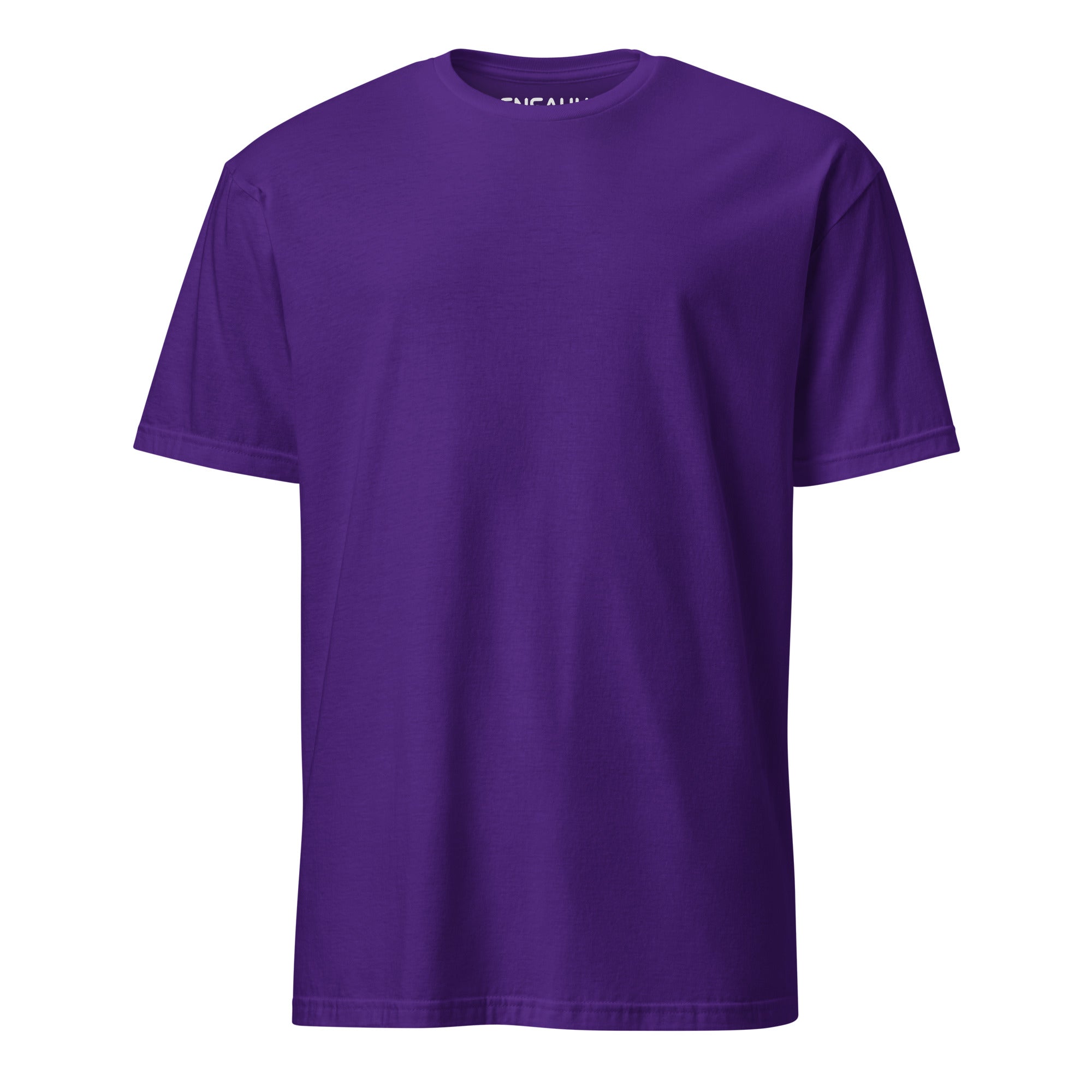 Purple soft-style t-shirt on a white background (front).