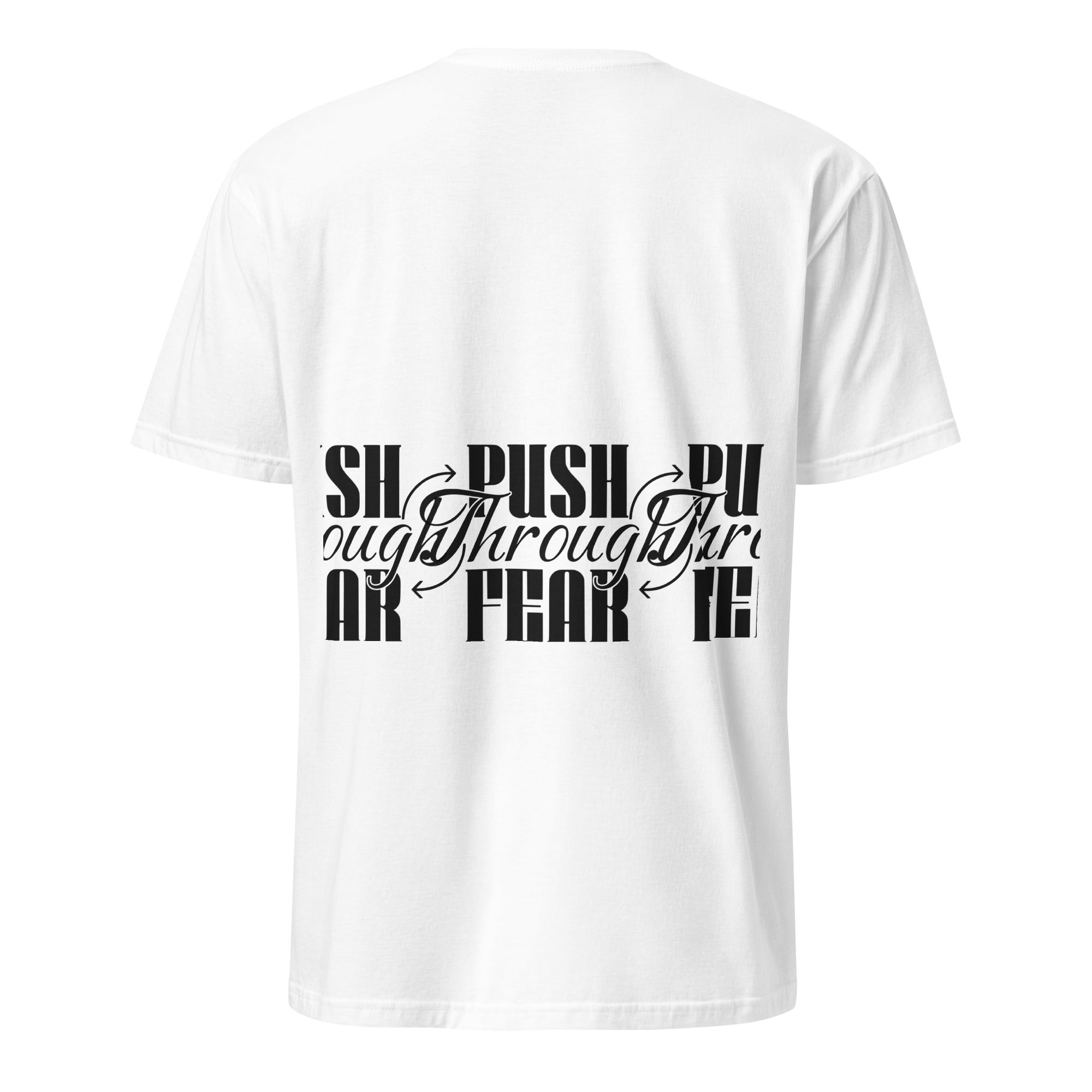 White t-shirt with black text design on a white background (back).