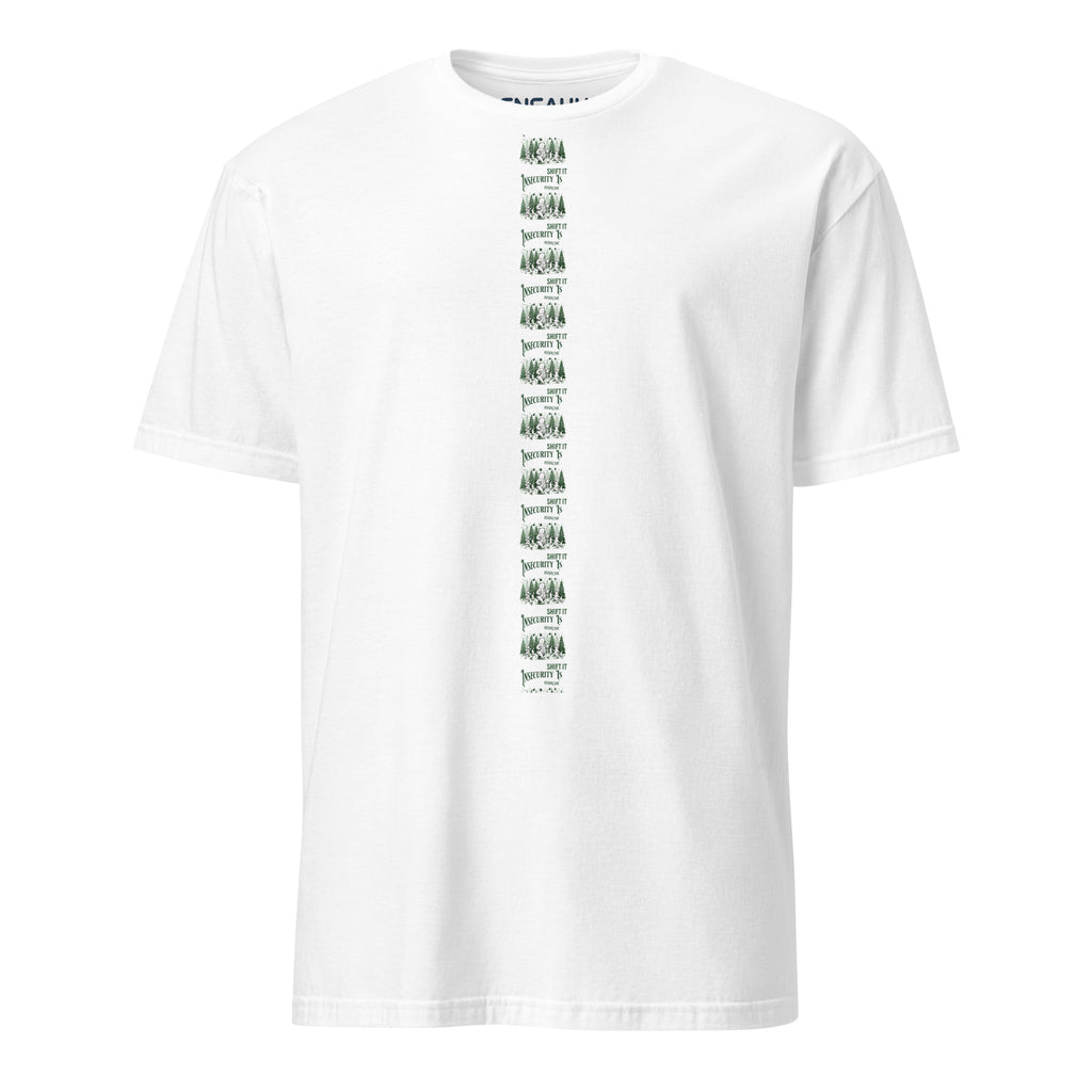 White t-shirt with minimalist linear green text and graphic design at the center of the tee on a white background (front).
