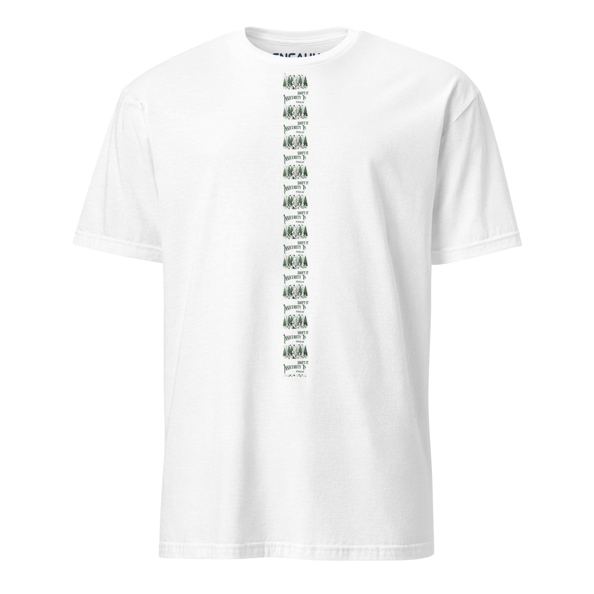White t-shirt with minimalist linear green text and graphic design at the center of the tee on a white background (front).