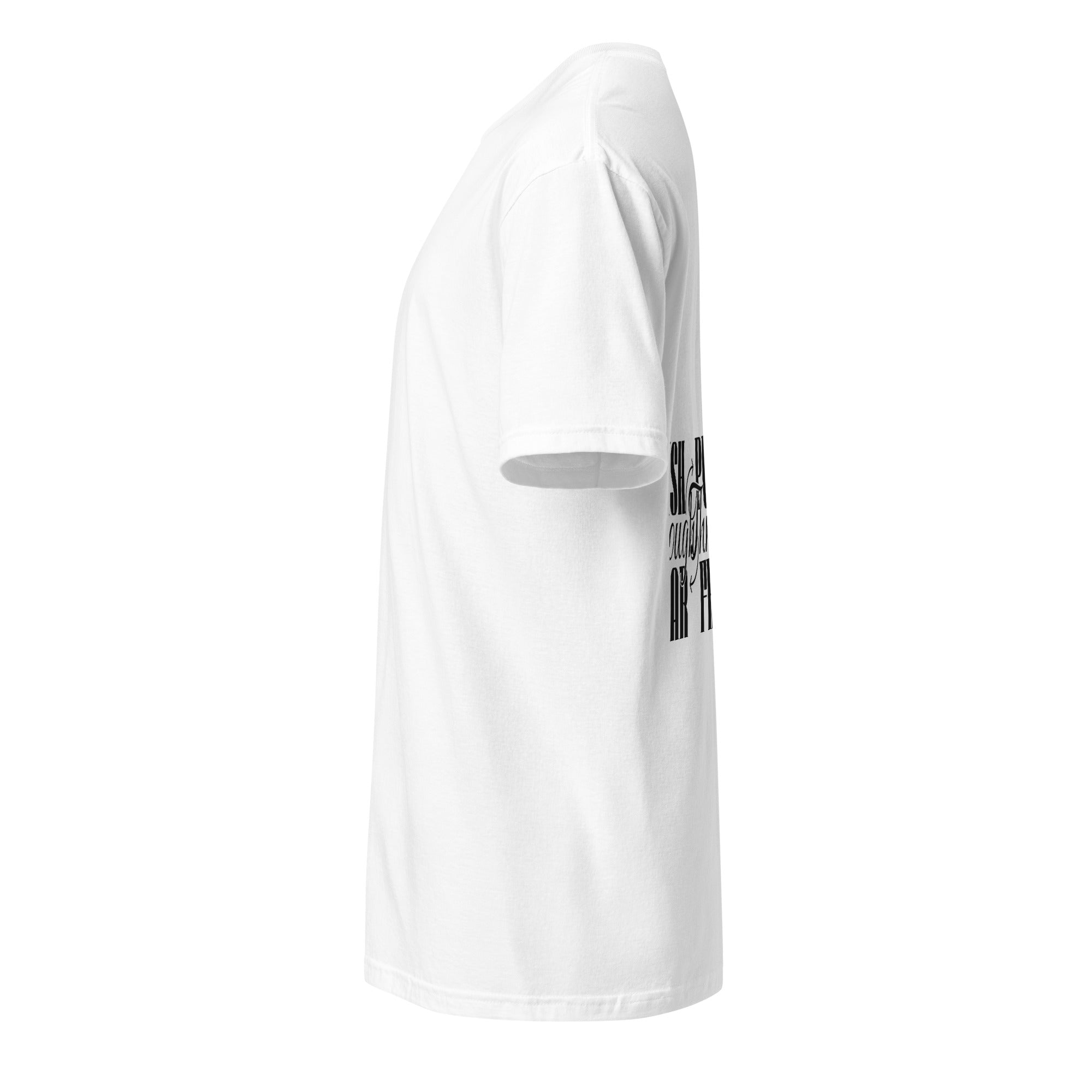 White t-shirt on a white background (left).