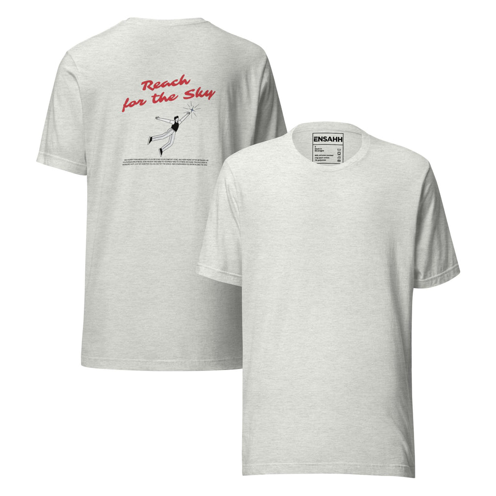 Ash t-shirt with minimalist graphic design and text on back, displayed on a white background. (Front and back)