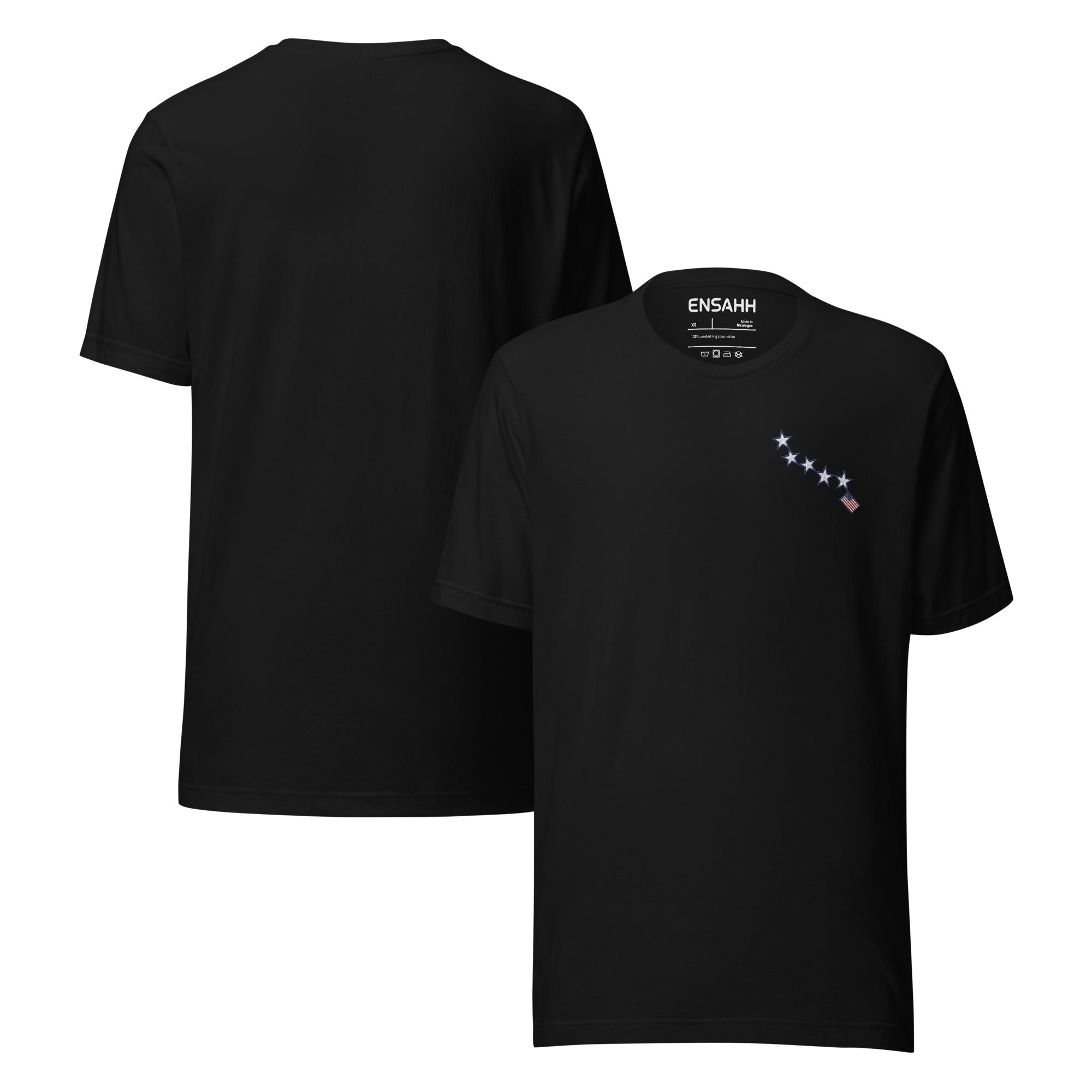 Black t-shirt minimalist design at the top left of the tee inspired by the American flag on a white background (front and back)