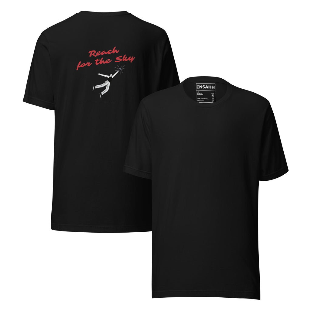 Black t-shirt with minimalist graphic design and text on back, displayed on a white background. (Front and back)