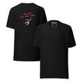 Black t-shirt with minimalist graphic design and text on back, displayed on a white background. (Front and back)