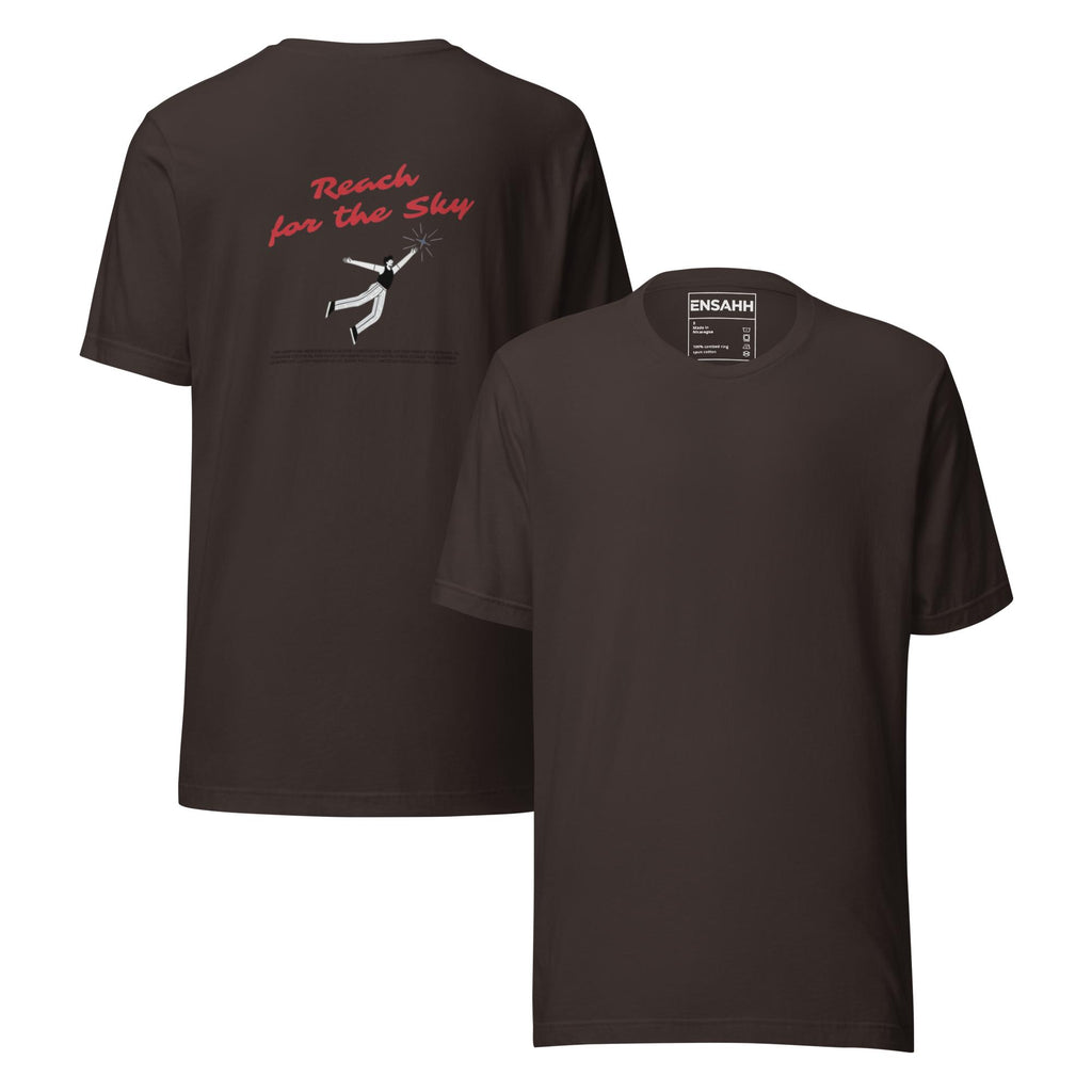 Brown t-shirt with minimalist graphic design and text on back, displayed on a white background. (Front and back)