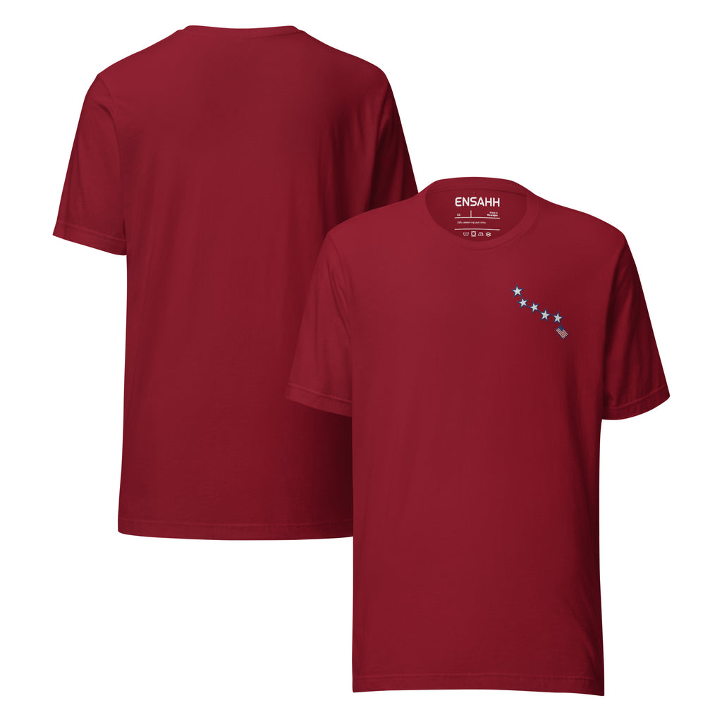 Red t-shirt minimalist design at the top left of the tee inspired by the American flag on a white background (front and back)