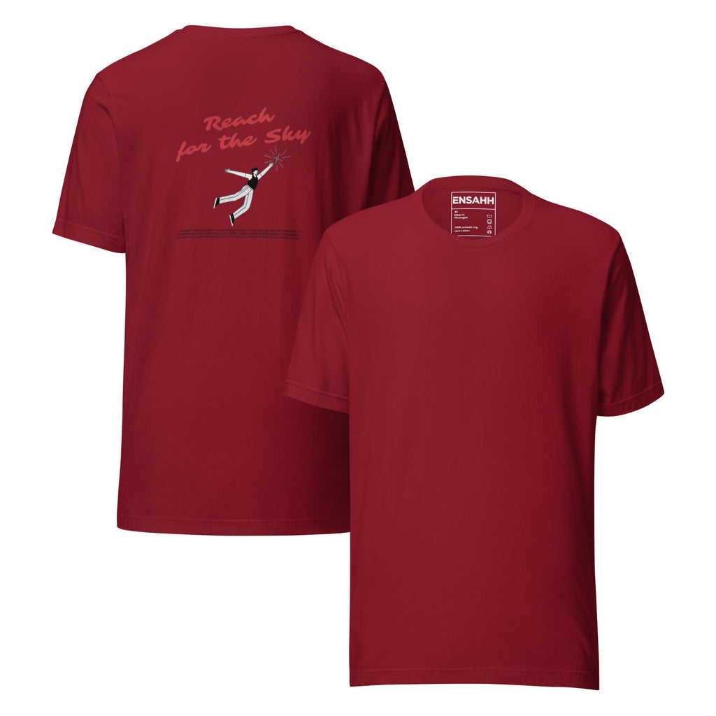 Red t-shirt with minimalist graphic design and text on back, displayed on a white background. (Front and back)