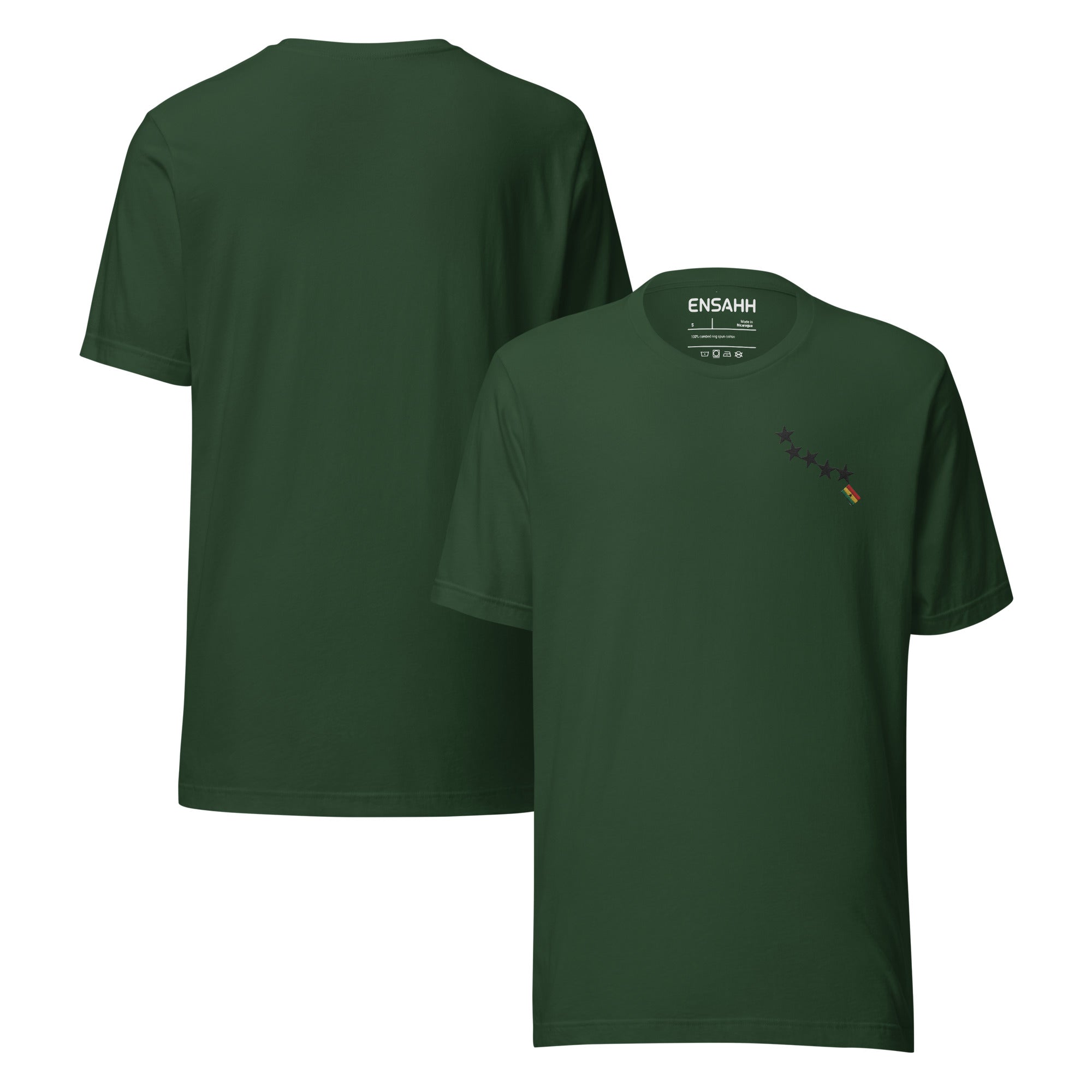 Green  t-shirt minimalist design at the top left of the tee inspired by the Ghana flag on a white background (front and back)