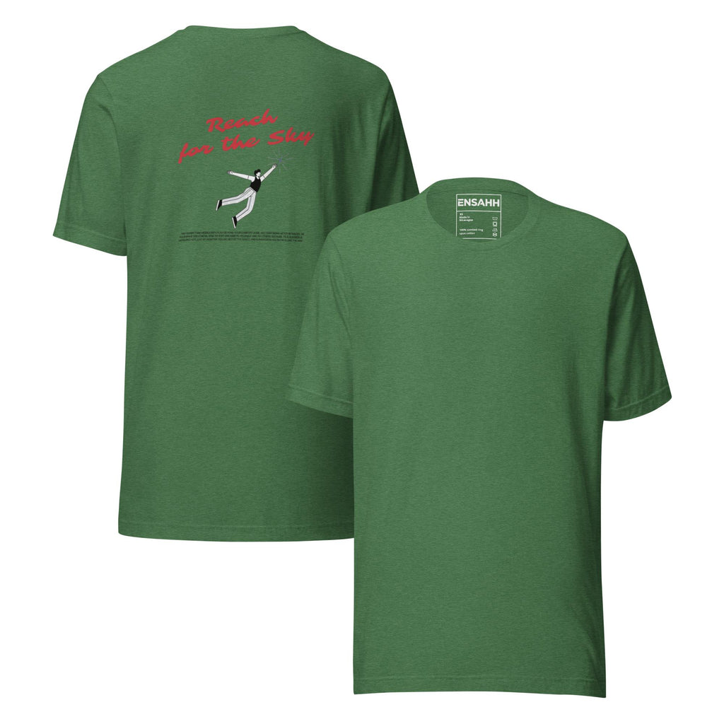 Green t-shirt with minimalist graphic design and text on back, displayed on a white background. (Front and back)