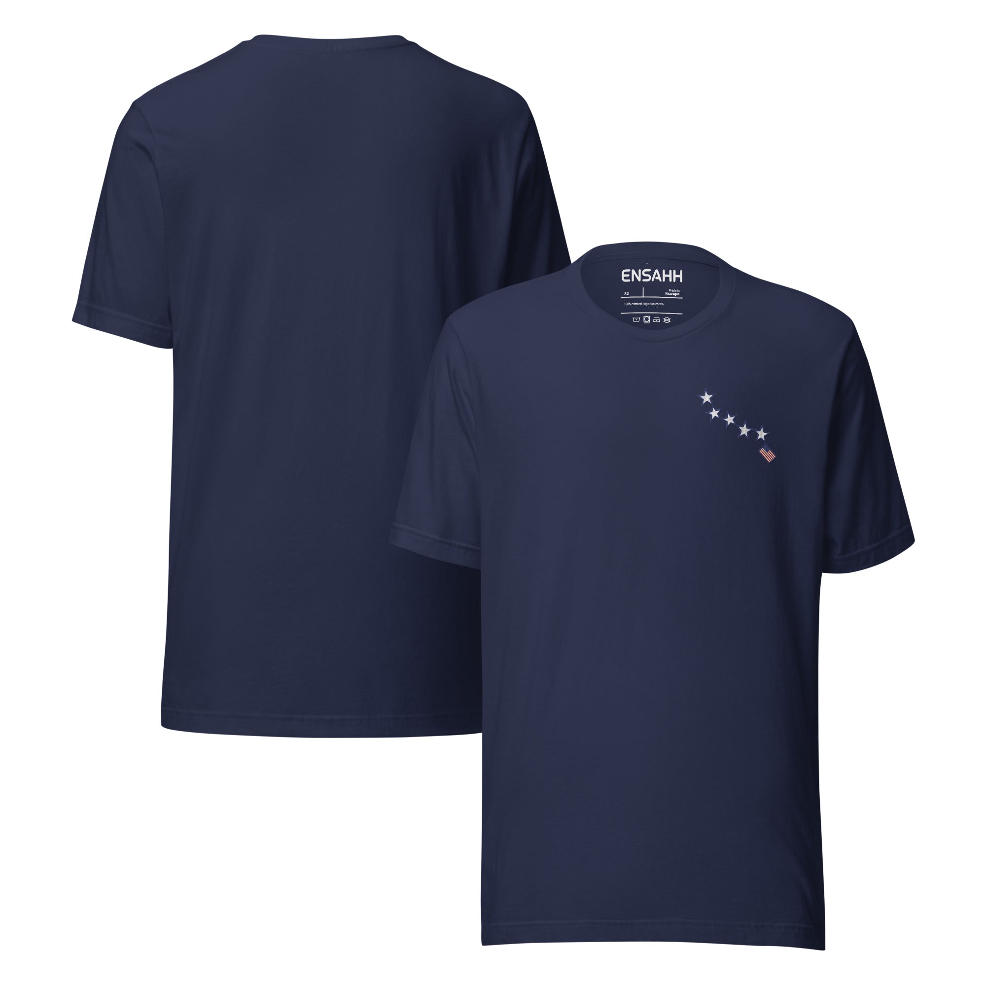 Navy blue t-shirt minimalist design at the top left of the tee inspired by the American flag on a white background (front and back)