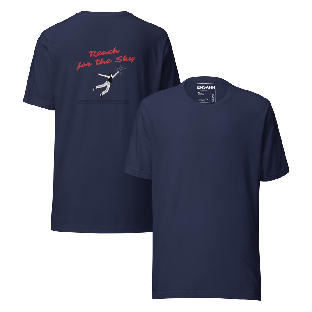 Navy blue t-shirt with minimalist graphic design and text on back, displayed on a white background. (Front and back)