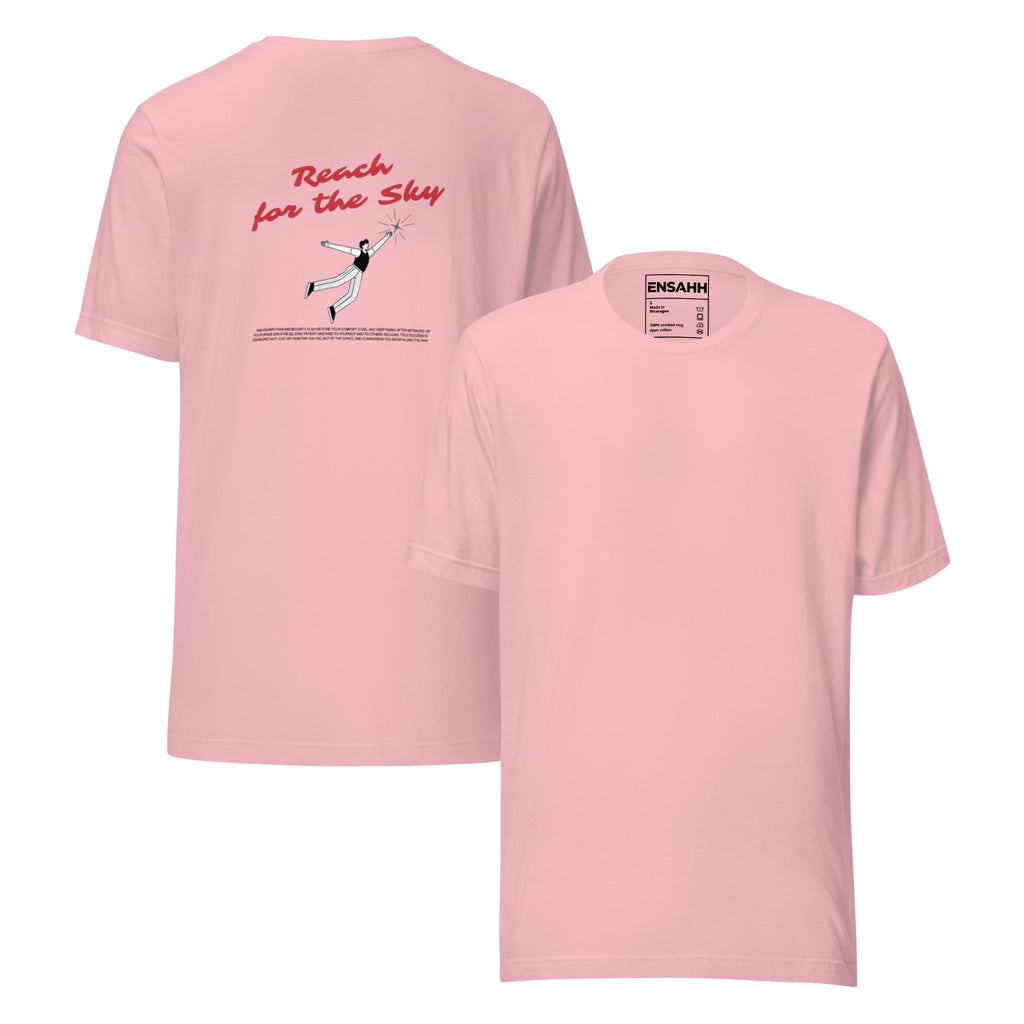 Pink t-shirt with minimalist graphic design and text on back, displayed on a white background. (Front and back)