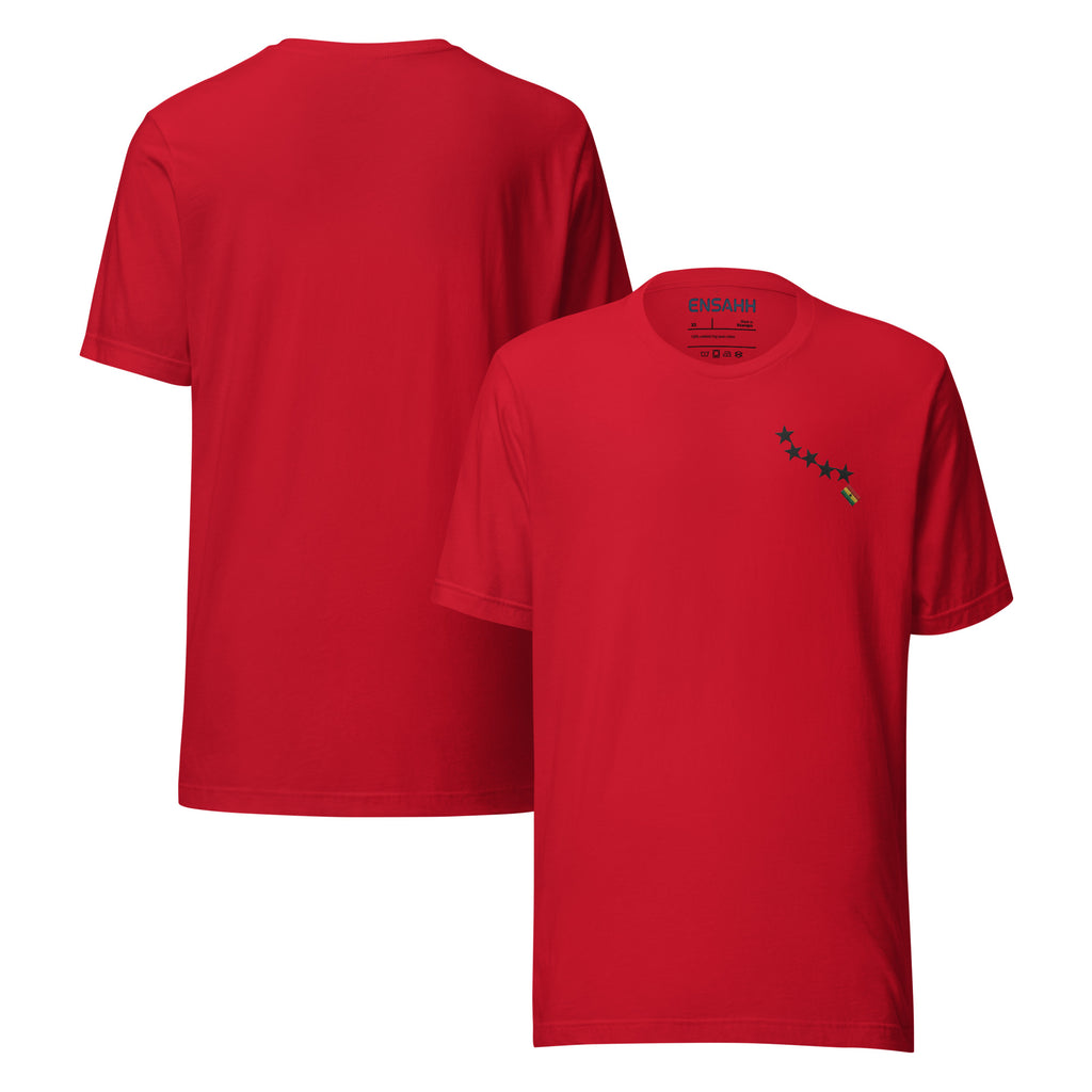 Red  t-shirt minimalist design at the top left of the tee inspired by the Ghana flag on a white background (front and back)