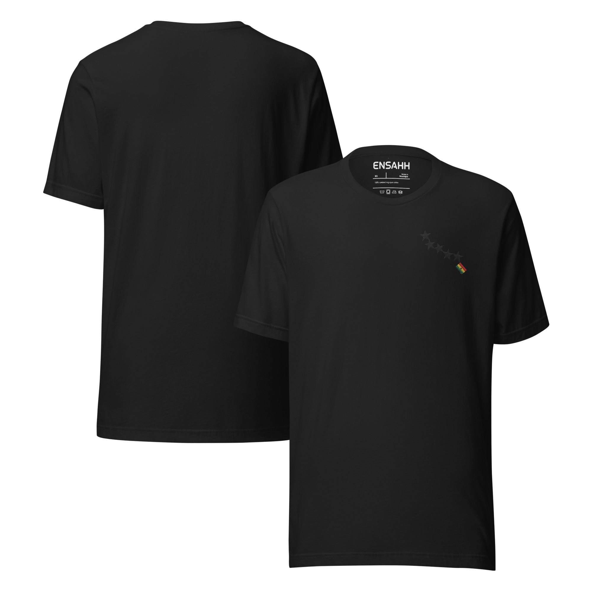 Black  t-shirt minimalist design at the top left of the tee inspired by the Ghana flag on a white background (front and back)