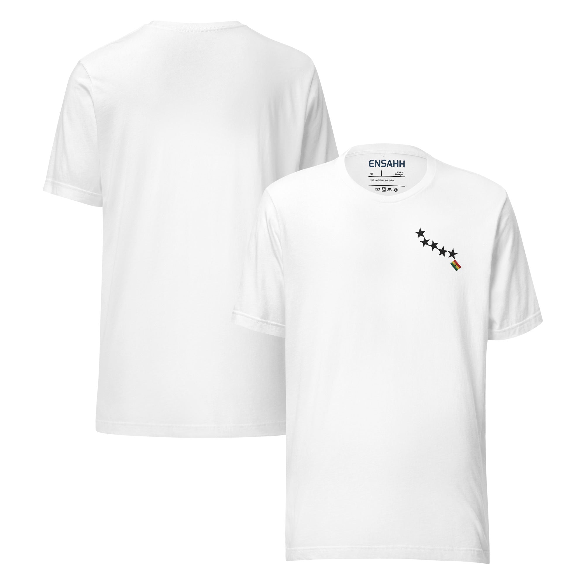 White  t-shirt minimalist design at the top left of the tee inspired by the Ghana flag on a white background (front and back)