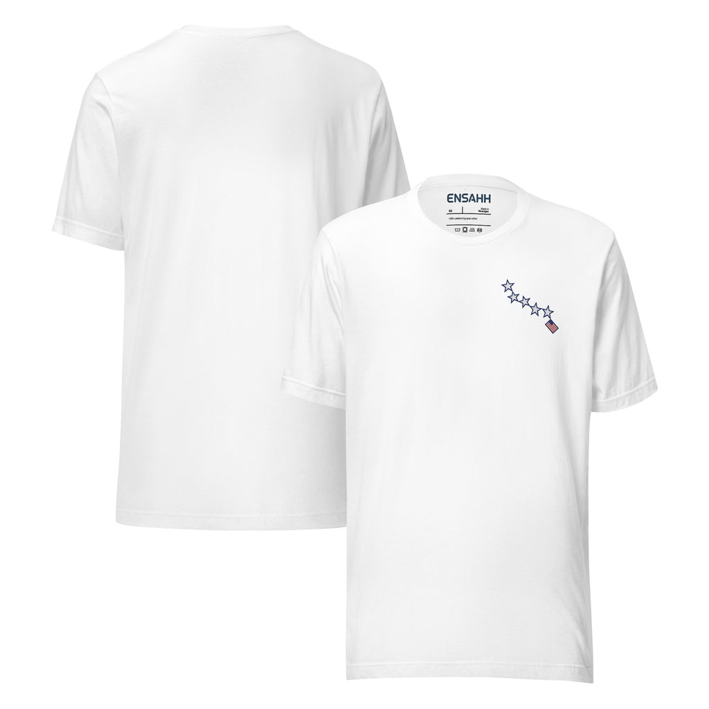 White t-shirt minimalist design at the top left of the tee inspired by the American flag on a white background (front and back).