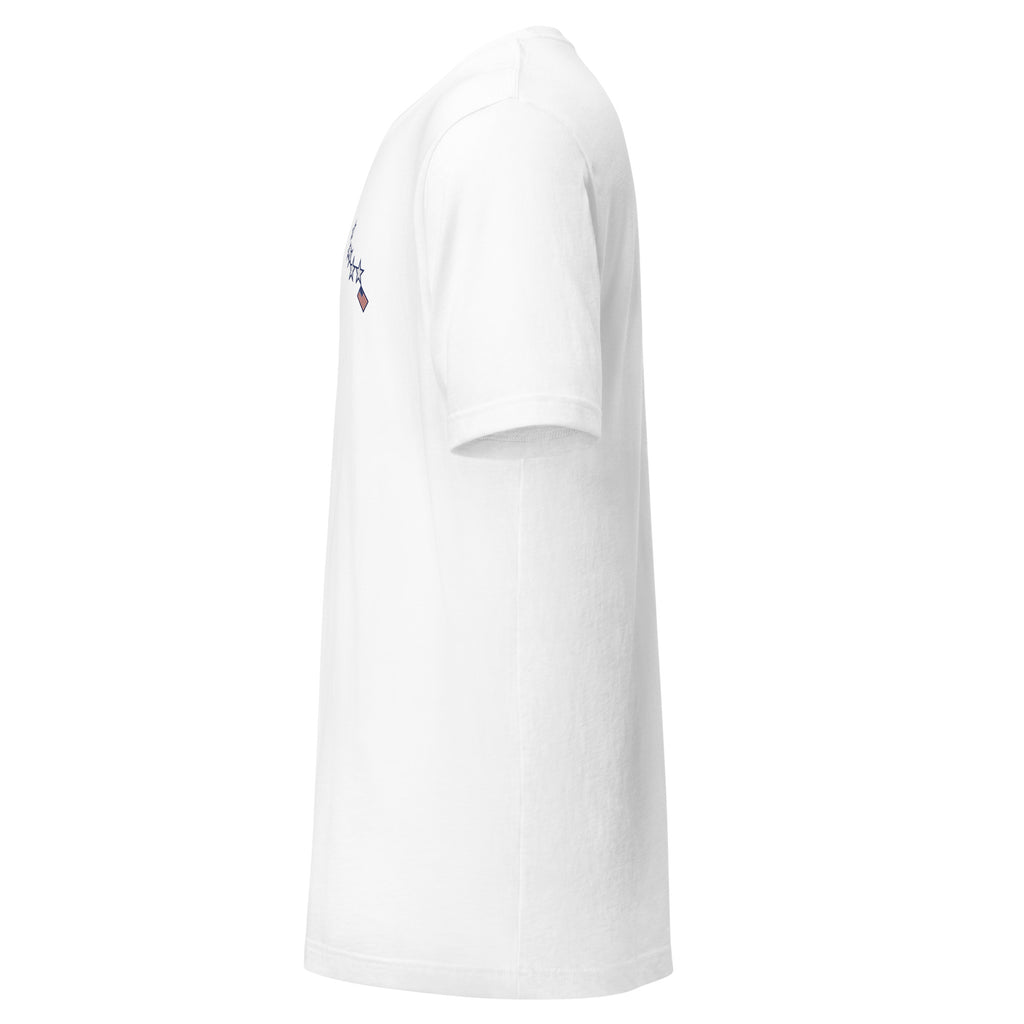 White t-shirt on a white background (left).