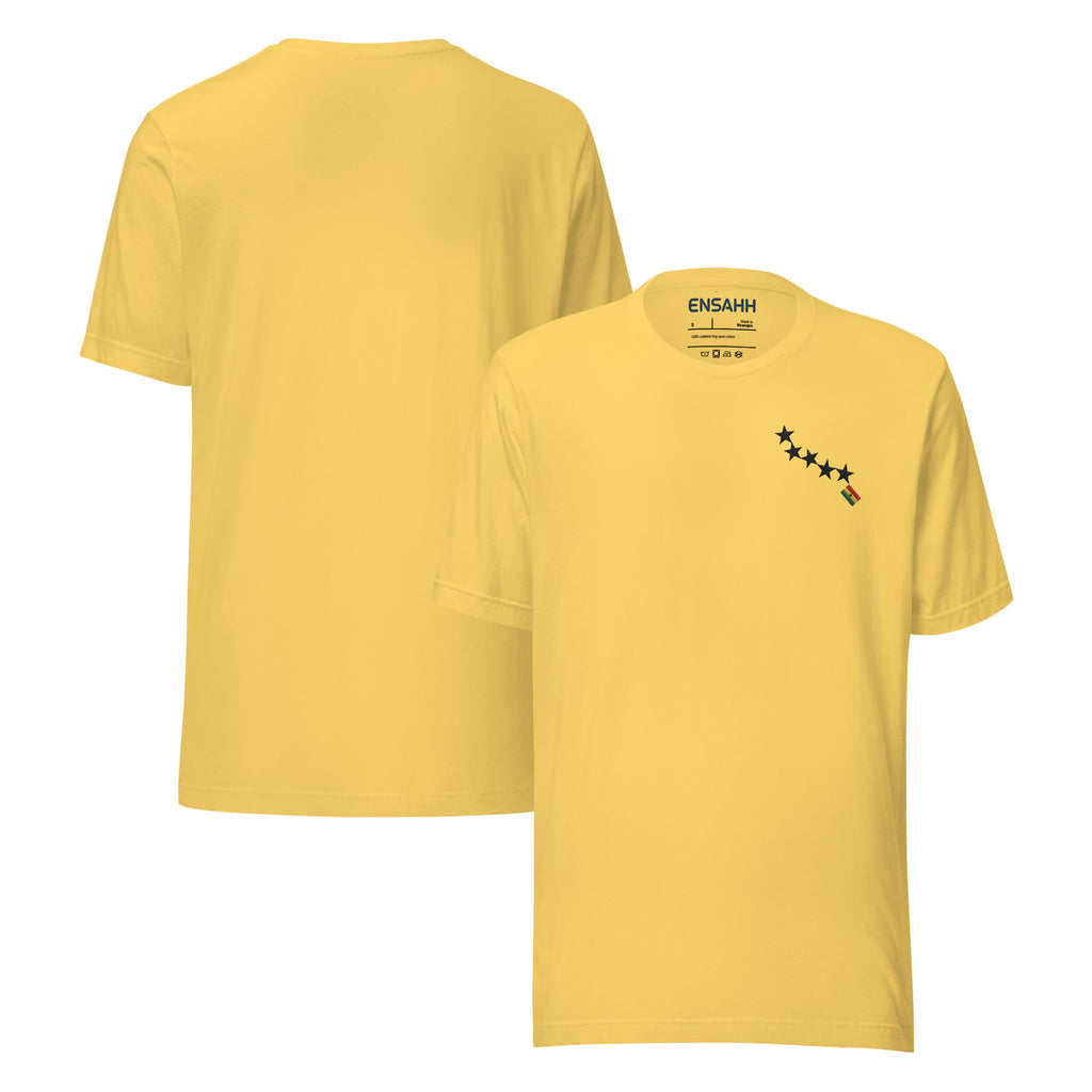 Yellow t-shirt minimalist design at the top left of the tee inspired by the Ghana flag on a white background (front and back)