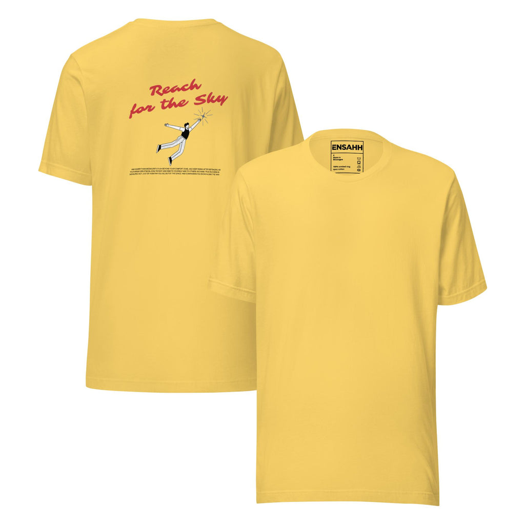 Yellow t-shirt with minimalist graphic design and text on back, displayed on a white background. (Front and back)